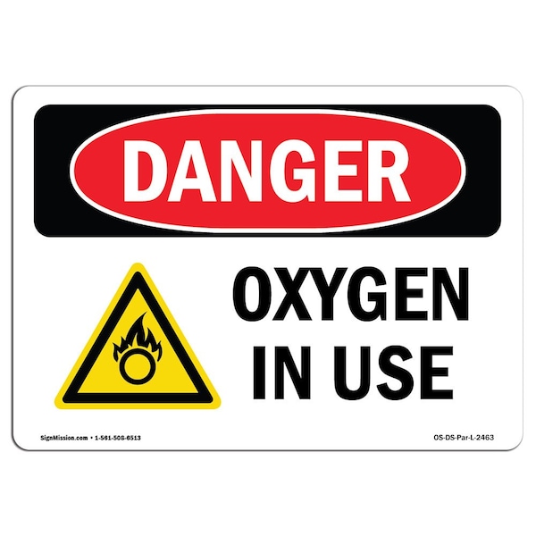 Safety Sign, OSHA Danger, 7" Height, Aluminum, Oxygen In Use, Landscape